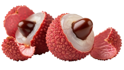 Fresh lychee fruits isolated PNG, showing the juicy pulp and brown seed, tropical fruit for healthy eating and exotic cuisine