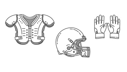 Collection of American Football Protective Gear Featuring Shoulder Pads Helmet and Gloves Isolated on White Background for Sports Design and Concepts