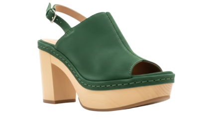 Stylish green leather platform sandal isolated PNG, women s heeled shoe with buckle strap on transparent background for fashion design