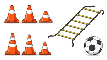 Sports Training Equipment Including Orange Cones Agility Ladder And Soccer Ball On White Background For Skill Development Practice