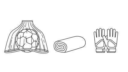 Sports Equipment Set Featuring Soccer Ball Goalkeeper Gloves and Rolled Towel Objects Isolated on White Background Outline Style