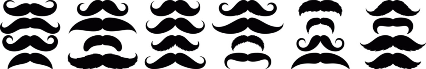Mustache style icon set featuring classic, modern and vintage moustache silhouettes in flat vector design, perfect for barber shop branding, grooming apps, logos and posters