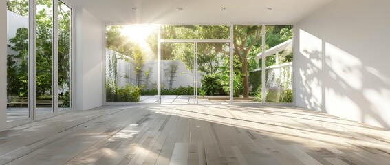 Open space design with large windows showing greenery outside and a potted plant in a bright room
