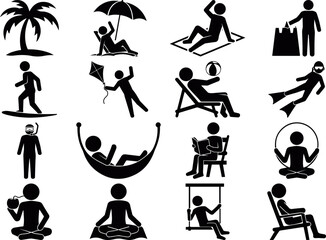 People daily activity icon set showing relaxation, exercise, work and lifestyle actions in simple silhouette vector style, ideal for apps, infographics, presentations, summer leisure activity people