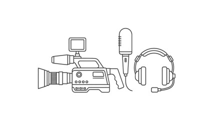 Digital Content Creation Equipment Including Professional Video Camera Microphone and Headphones for Broadcasting and Recording Productions