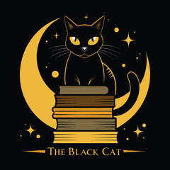 Mystical Black Cat on Books with Moon and Stars © Salirtun