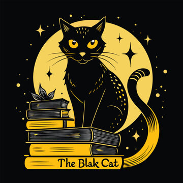 Mystical Black Cat on Books with Moon and Stars