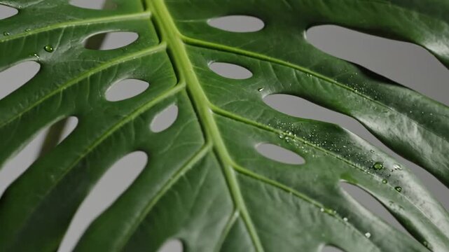 Monstera Leaf Close Up Displaying Veins And Textured Surface With Water Droplets In Soft Light
