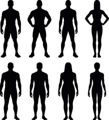 Male and female body shape icon set showing different physiques and proportions in clean flat silhouette vector, men body shape variation silhouette figures, human male anatomy silhouette collection