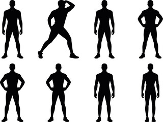 Standing man pose icon set featuring confident male postures in flat silhouette vector style, ideal for UI avatars, profile design, infographics and human resources graphics, male posture silhouette 