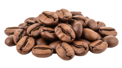 Pile of roasted coffee beans isolated PNG, aromatic brown seeds for caffeine beverage preparation and gourmet food concepts