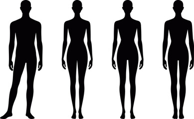 Male body silhouette collection showing neutral standing poses in flat vector style, perfect for anatomy diagrams, fitness, thin man body shape silhouette collection, male physique silhouette figures 
