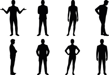 Standing people pose icon set showing various male postures and gestures in flat silhouette vector style, perfect for infographics and presentation graphics, people gesture silhouette icon set 