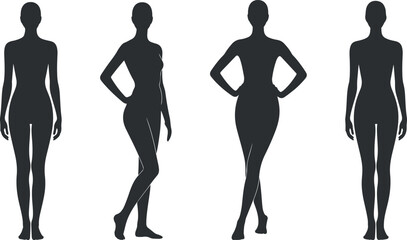 Female body shape icon set featuring elegant standing poses and different body types in flat silhouette vector, ideal for fashion, fitness and health, woman body type variation silhouette figures
