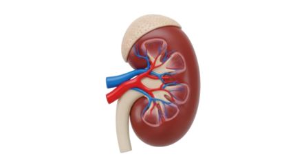 Human kidney anatomy model isolated PNG, detailed organ structure with renal cortex, medulla, and blood vessels on transparent background