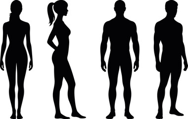 Male and female standing silhouette set showing neutral human poses in flat vector,man woman body pose silhouette figures, human people silhouette collection isolated