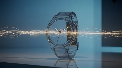 Transparent watch illuminated by a mystical stream of light representing the flow of time