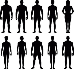 Male body and female pose silhouette set showing different standing positions and proportions in clean flat vector, men body shape silhouette people icon collection, human male figure silhouette set 