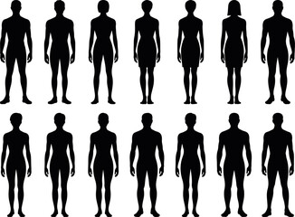 Male and female standing silhouette collection featuring uniform body proportions in flat vector, men standing body silhouette figures collection, human male figure silhouette icons isolated