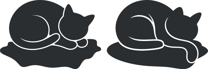 Sleeping cat silhouette icon set showing curled resting poses in flat vector, cute cat resting silhouette animal icons, cat nap pose silhouette collection white