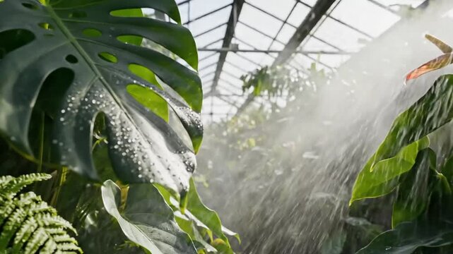 Lush Greenhouse Display Of Tropical Plants With Cascading Water And Ambient Sunlight
