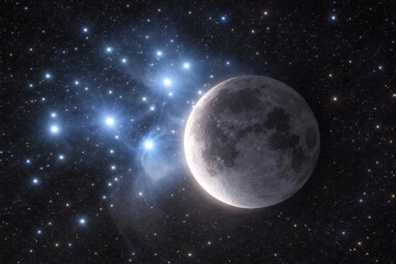 Moon approaching the Pleiades star cluster in the night sky, artistic visualization of lunar occultation and conjunction astronomy concept