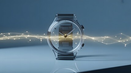 Modern wristwatch emitting a futuristic digital data stream representing advanced technology