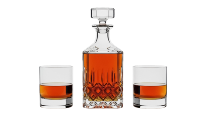 Crystal whiskey decanter with two glasses isolated on transparent PNG, elegant glassware for bar, restaurant, and home use