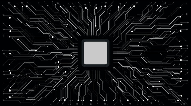 Abstract technology circuit board and processor. AI chip or CPU semiconductor. Tech background with circuit thin lines. Digital bg. Light blue neon microchip. Vector illustration of a motherboard.