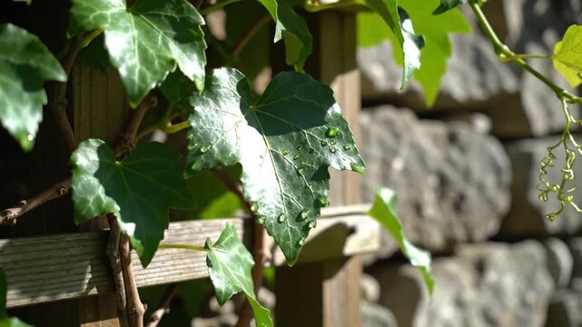 Lush Ivy Cascading On Stone Wall With Wooden Trellis On Bright Sunny Day Video
