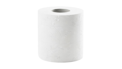 Embossed toilet paper roll isolated PNG on transparent background, soft absorbent bathroom tissue for hygiene and household use