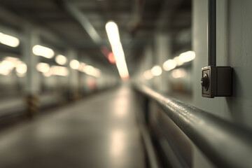 Corridor in an industrial plant showing pipes and a distant view along the pathway during operational hours
