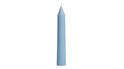 Light blue taper candle isolated PNG on transparent background, decorative wax candle for romantic atmosphere and religious ceremonies