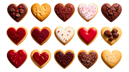 Heart-shaped cookies with sprinkles and icing, assorted love-themed biscuit designs, romantic dessert concept, isolated on transparent background