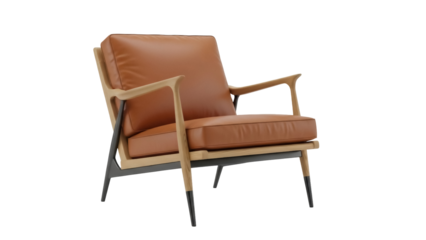 Modern tan leather armchair isolated PNG, contemporary lounge chair with wooden frame for living room or office furniture design