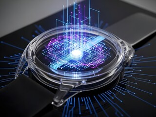 Futuristic smartwatch concept displaying digital data streams and advanced connectivity