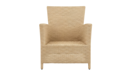 Wicker armchair isolated PNG on transparent background, beige woven patio chair for outdoor seating and garden furniture design