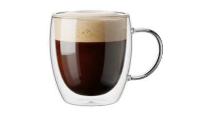 Elegant glass mug with coffee and foam isolated PNG, layered drink on transparent background for cafe menu and beverage design