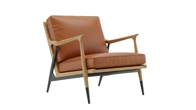Modern tan leather armchair isolated PNG, contemporary lounge chair with wooden frame for living room or office furniture design