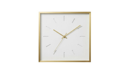 Square gold frame wall clock isolated PNG on transparent background, minimalist design timekeeping object for interior decor and graphic design