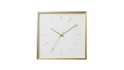 Square gold frame wall clock isolated PNG on transparent background, minimalist design timekeeping object for interior decor and graphic design