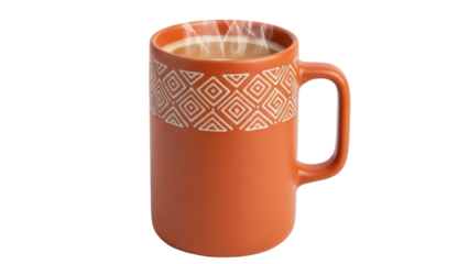 Orange ceramic mug with geometric pattern isolated PNG, hot drink container for coffee or tea on transparent background