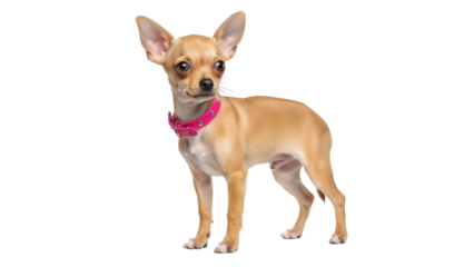 Tan Chihuahua puppy with pink collar isolated PNG, small dog breed standing on transparent background for pet-related design projects