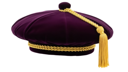 Purple velvet academic cap PNG isolated on transparent background, doctoral graduation hat with gold tassel for commencement ceremony