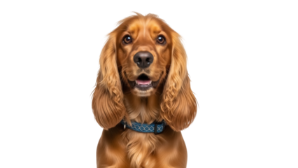 Adorable Cocker Spaniel puppy with brown fur isolated PNG, cute dog with blue collar on transparent background