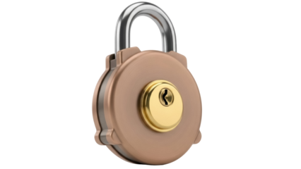 Round padlock isolated PNG on transparent background, bronze and silver lock for security and protection, safety equipment