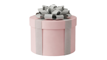 Round pink gift box with silver ribbon and bow isolated PNG, present for birthday or special occasion on transparent background