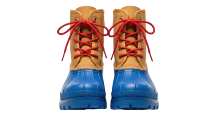 Blue and tan duck boots with red laces PNG isolated on transparent background, waterproof footwear for kids and outdoor activities