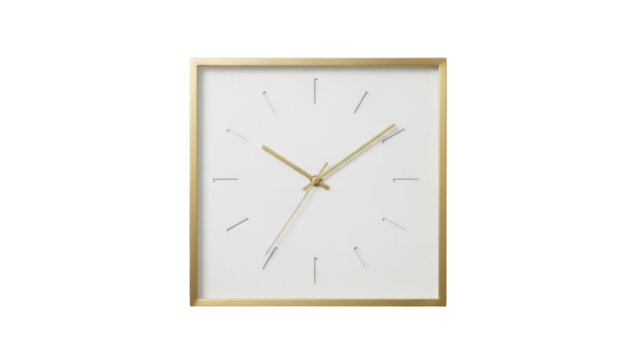 Square gold frame wall clock isolated PNG on transparent background, minimalist design timekeeping object for interior decor and graphic design - Powered by Adobe