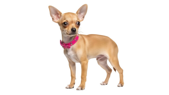 Tan Chihuahua puppy with pink collar isolated PNG, small dog breed standing on transparent background for pet-related design projects